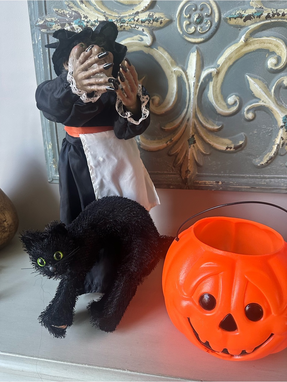 Vintage Halloween lot worth black cat candy bucket blow mold